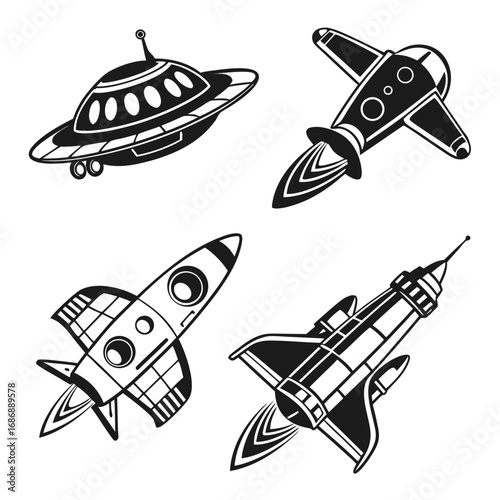 Four black and white spaceship illustrations rocket