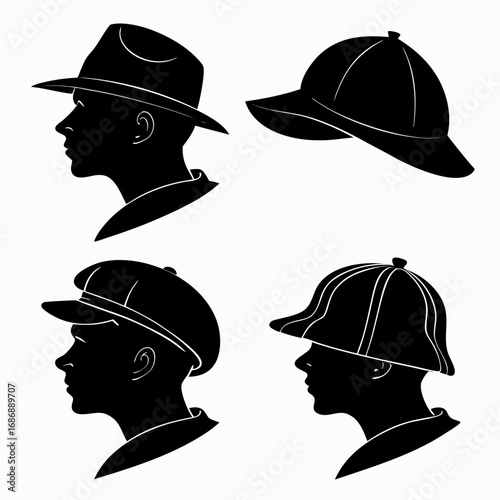 Four black hat silhouettes on white fedora beret