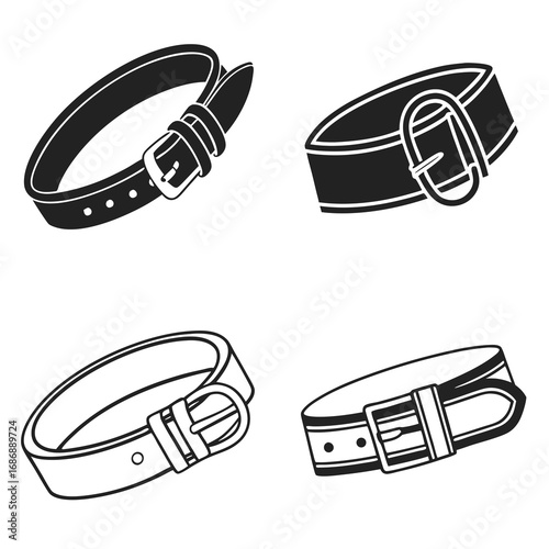 Four black leather belts with buckles accessory fashion