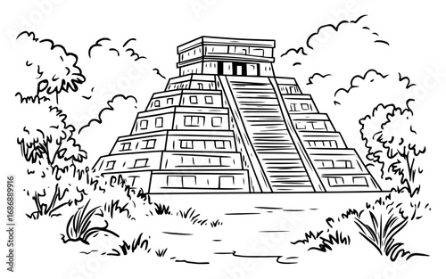 Mayan pyramid vector – ancient stepped temple in jungle setting, detailed archaeological sketch