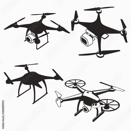 Four drone and quadcopter silhouettes aerial vehicle