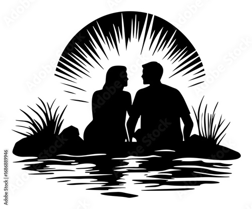 Romantic lake couple vector – silhouettes sitting by water at sunset, serene love scene