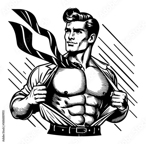 Retro hero reveal vector – muscular man tearing shirt like comic book superhero, dynamic engraving style