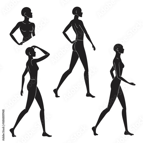 Four female figures walking and posing fashion mannequin