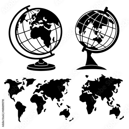 Globes and world maps silhouette geography education