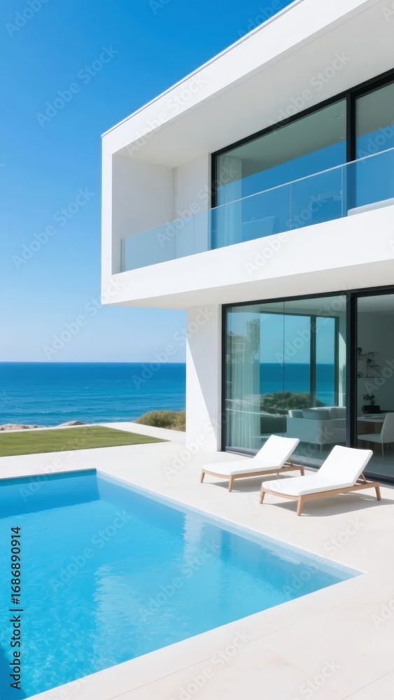 Fototapeta premium Modern coastal villa with a swimming pool and ocean view