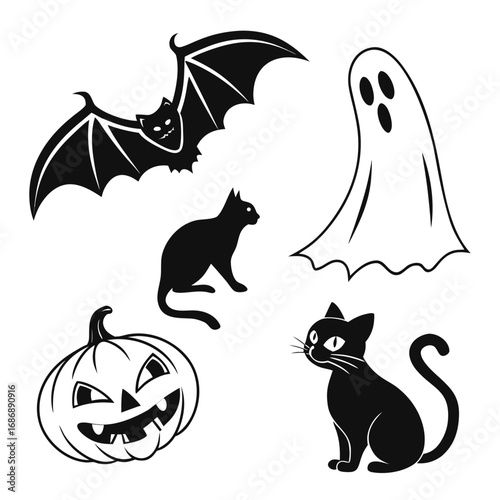 Halloween icons bat ghost pumpkin black cats jack o lantern