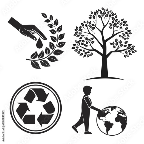 Hand dropping water on leaves tree recycling symbol person holding globe