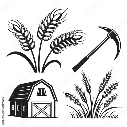 Harvest symbols barn scythe wheat stalks festival