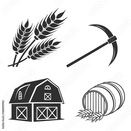 Harvest symbols wheat barn pickaxe barrel wheat stalks