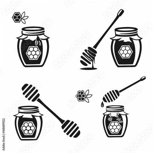 Honey jars and dippers with honeycomb and flowers honey dipper