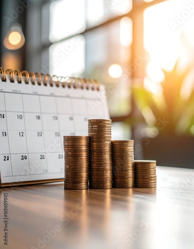 Stacked coins on a table next to a calendar.  Financial planning