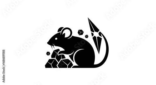 Stylized black rat silhouette with a crystalline tail and gems.
