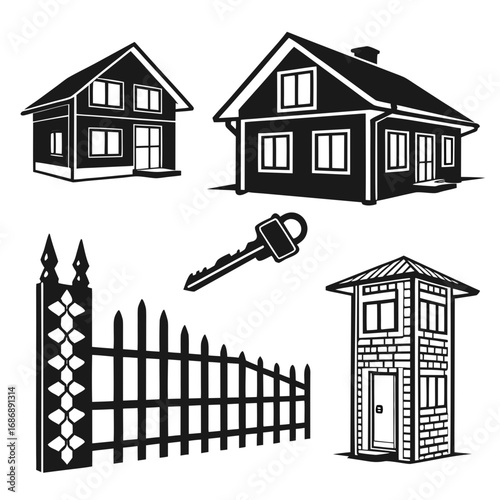 Houses fence and key silhouettes home building