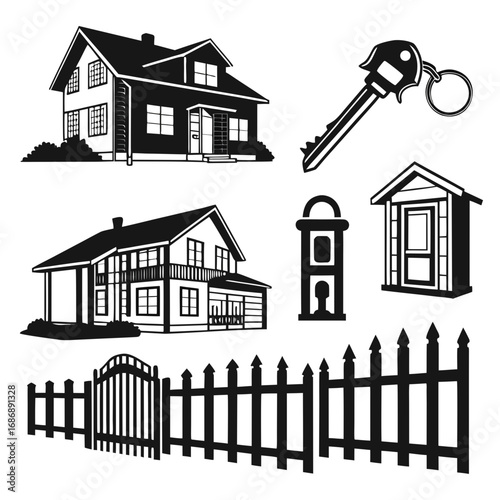 Houses key fence and gate icons home real estate