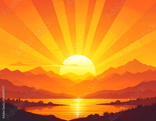 Illustration of a beautiful sunset or sunrise over mountains and a lake. A warm, orange, flat design landscape for backgrounds or travel concepts. Generative AI