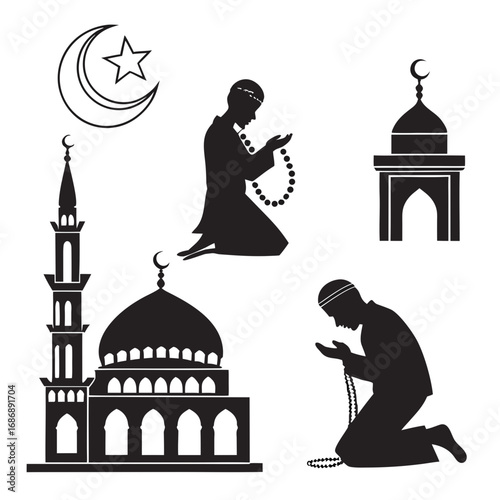 Islamic prayer icons mosque crescent star prayer beads