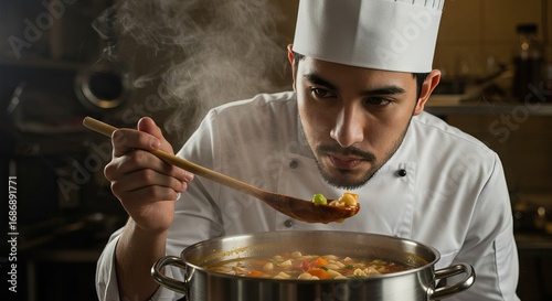 Fototapeta Naklejka Na Ścianę i Meble -  A chef in whites and a toque leans over a steaming pot lifting a spoonful of soup to smell