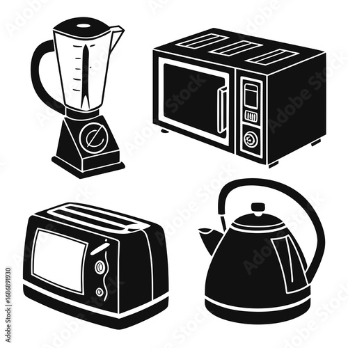 Kitchen appliance silhouettes blender microwave toaster kettle