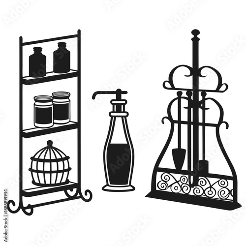 Kitchen shelf items and fireplace tools spice jars