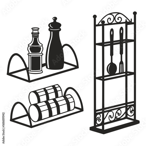 Kitchen shelf items silhouettes bottles spice rack