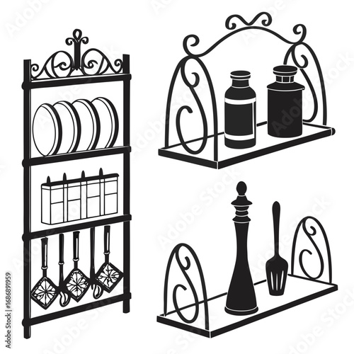 Kitchen shelves with dishes jars utensils racks display