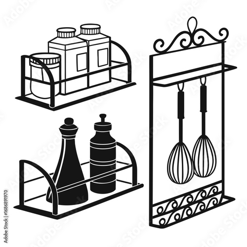 Kitchen shelf items whisks bottles containers vector