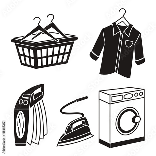 Laundry icons basket shirt iron steamer washer silhouettes