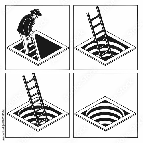 Man descending ladder into square hole coat