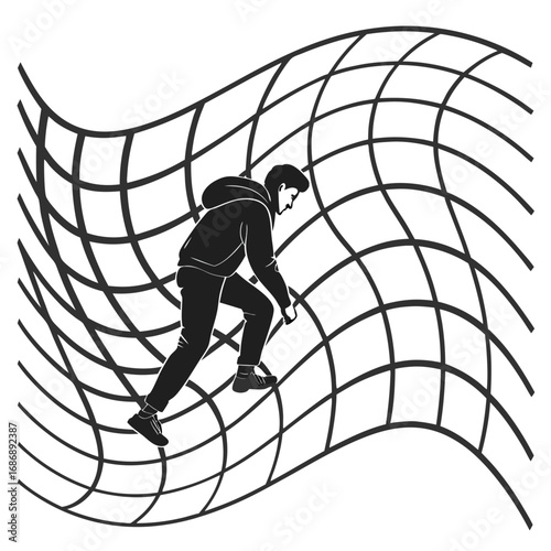 Man climbing wavy grid black and white
