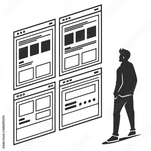 Man observing website wireframes layout interface
