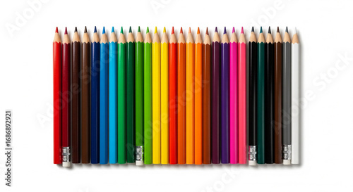 Row of vibrant colorful wooden pencils arranged neatly, isolated transparent background