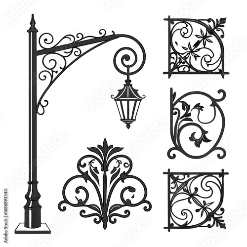 Ornate black metal lamp post and decorative elements