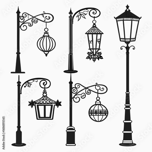 Ornate street lamps and lanterns silhouettes street lights