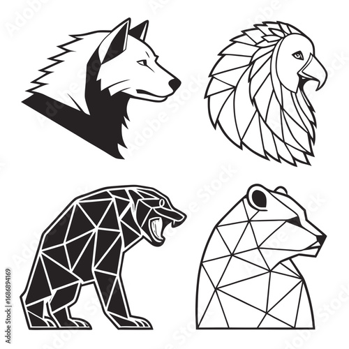 Polygonal animal heads and bodies wolf eagle