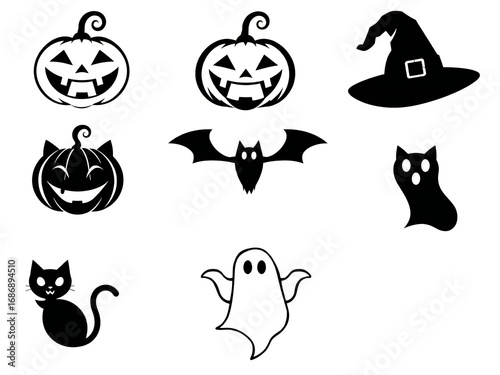Collection of spooky halloween icons including pumpkins bats ghosts and a witch hat