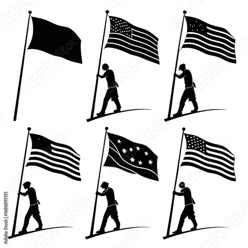 Silhouettes of flags and flag bearers black and white
