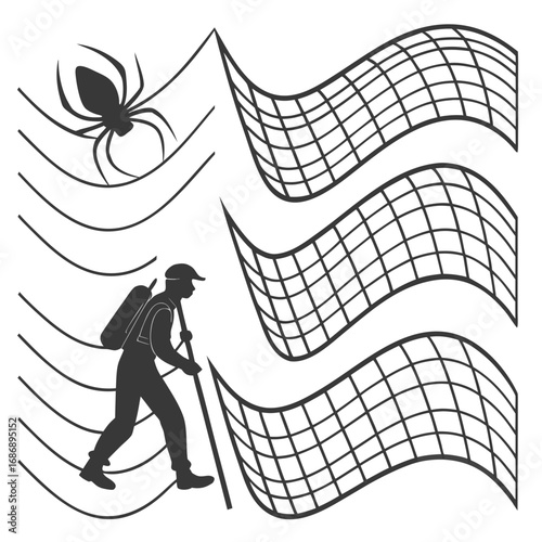Silhouette person with net and spider backpack