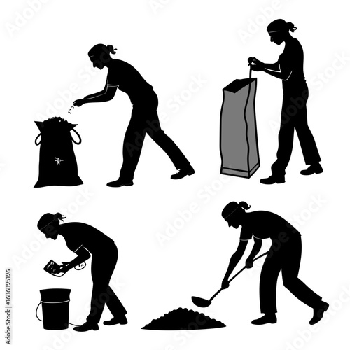 Silhouettes of people performing various tasks person