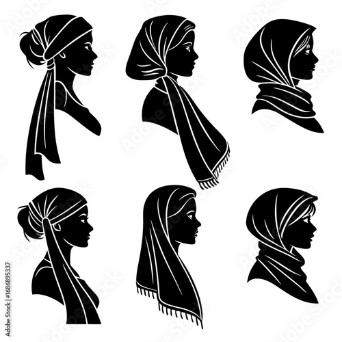 Six female headscarf and shawl silhouettes fashion