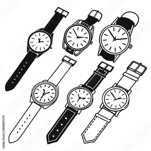 Six wristwatches with black and white straps time accessory