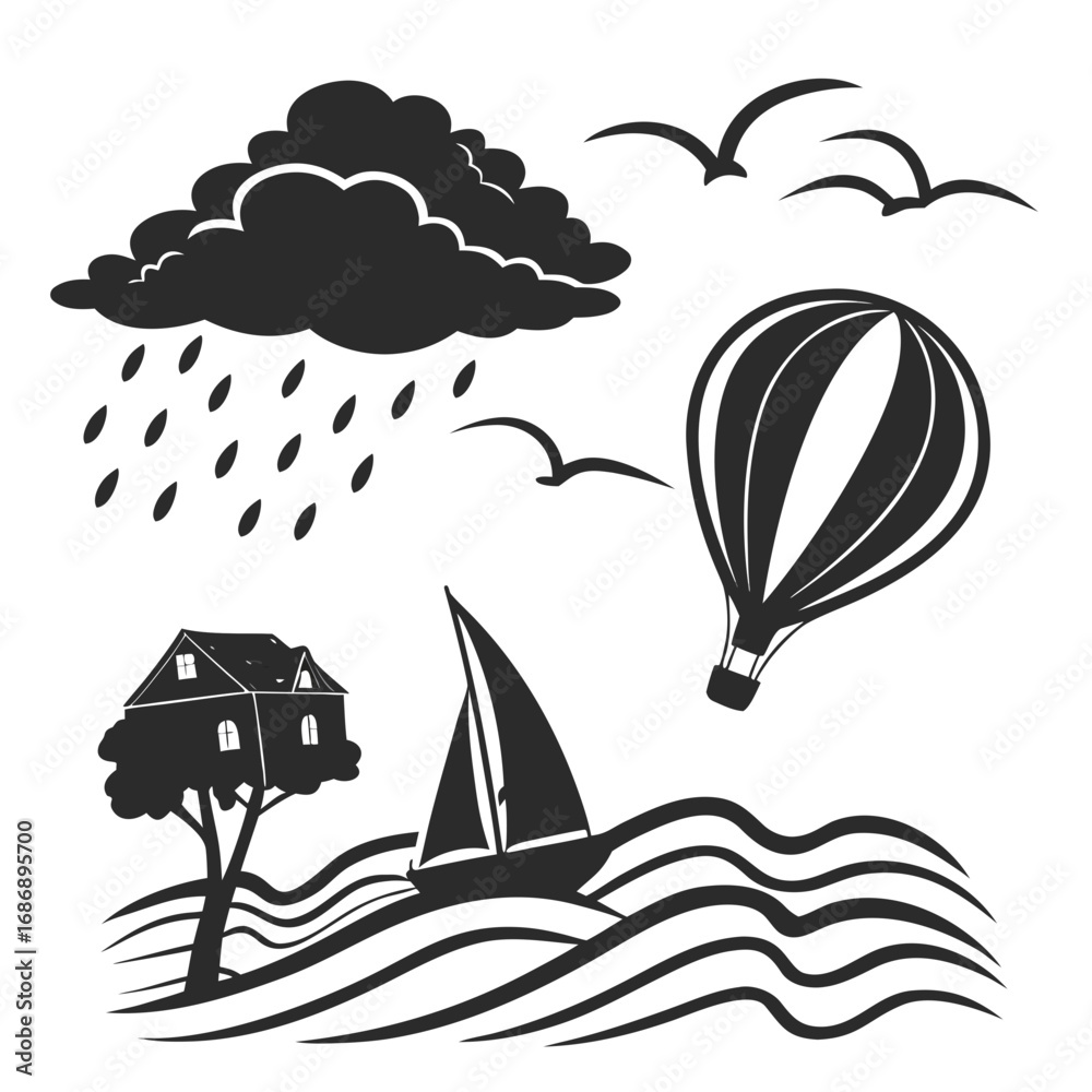 Naklejka premium Storm cloud hot air balloon sailboat birds house rain