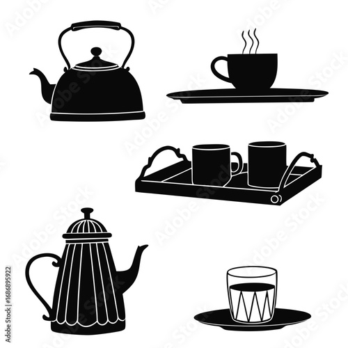 Tea set collection silhouettes kettle tray