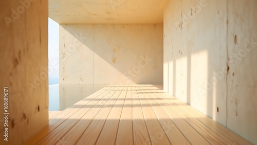 Interior wooden room with sunlight and shadows creating a bright and clean space