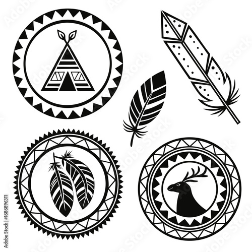 Tribal emblems feathers teepee deer badge silhouette