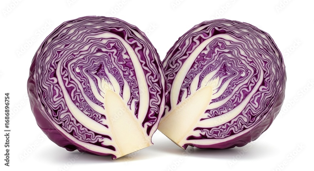 Fototapeta premium Two halves of a fresh red cabbage isolated on white background