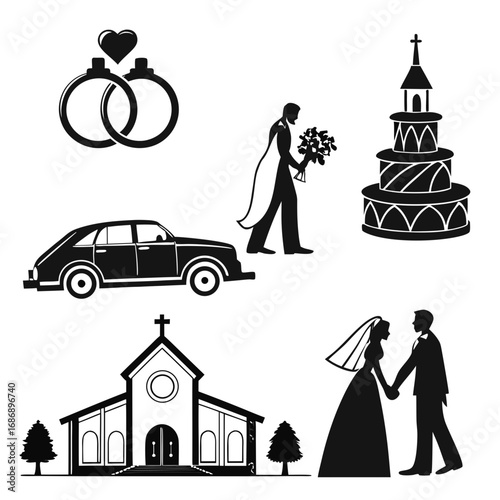 Wedding icons bride groom rings church cake car vector