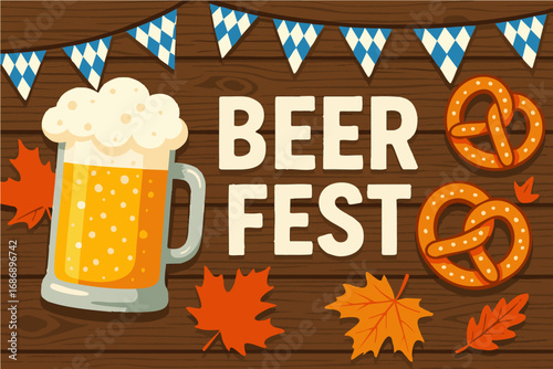 Oktoberfest beer festival banner with wooden background, pretzels and full beer mug