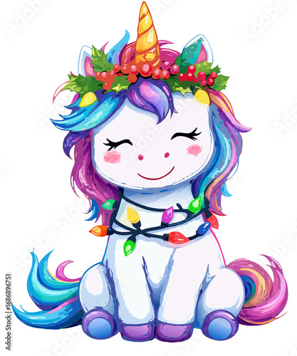 Adorable cartoon unicorn wearing a festive christmas wreath and colorful string lights isolated on transparent background