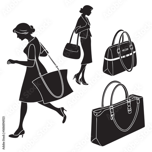 Women silhouettes with handbags and tote bags clutch
